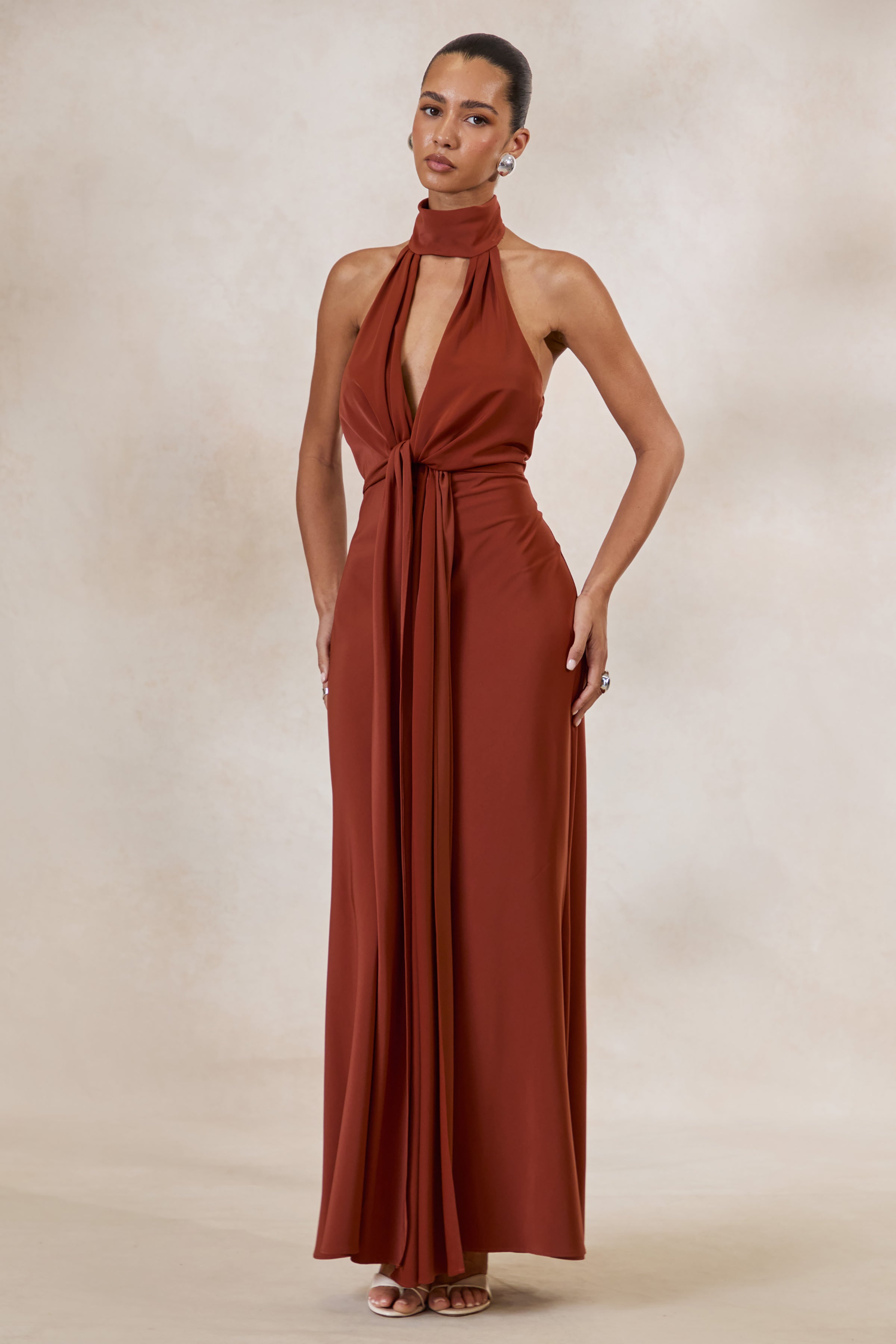 Canella | Rust Satin Halter-Neck Maxi Dress With Sash-Detail