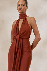 Canella | Rust Satin Halter-Neck Maxi Dress With Sash-Detail