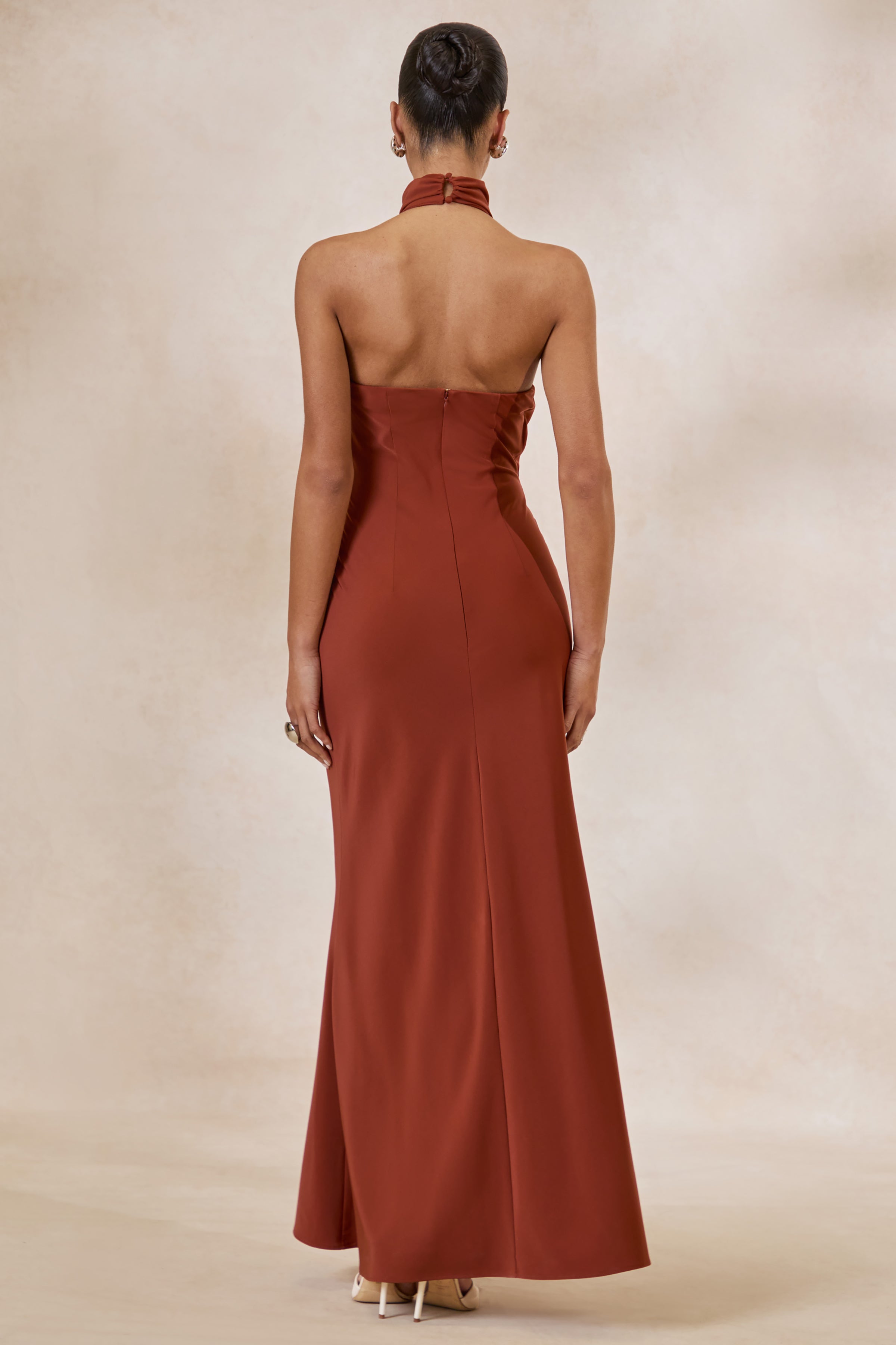 Canella | Rust Satin Halter-Neck Maxi Dress With Sash-Detail