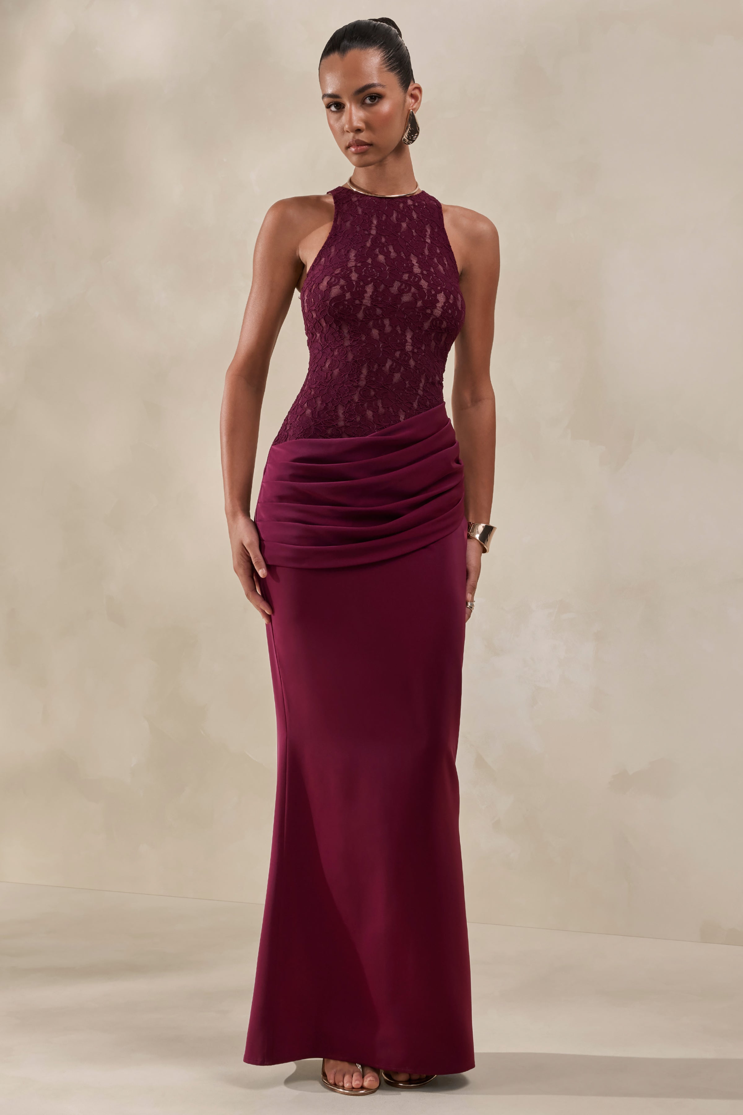 Anthelia | Burgundy Lace And Satin Racer-Neck Maxi Dress With Draped-Detail