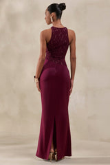 Anthelia | Burgundy Lace And Satin Racer-Neck Maxi Dress With Draped-Detail