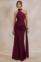 Aevina | Burgundy Satin Asymmetric-Neck Maxi Dress With Scarf-Detail