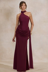 Aevina | Burgundy Satin Asymmetric-Neck Maxi Dress With Scarf-Detail