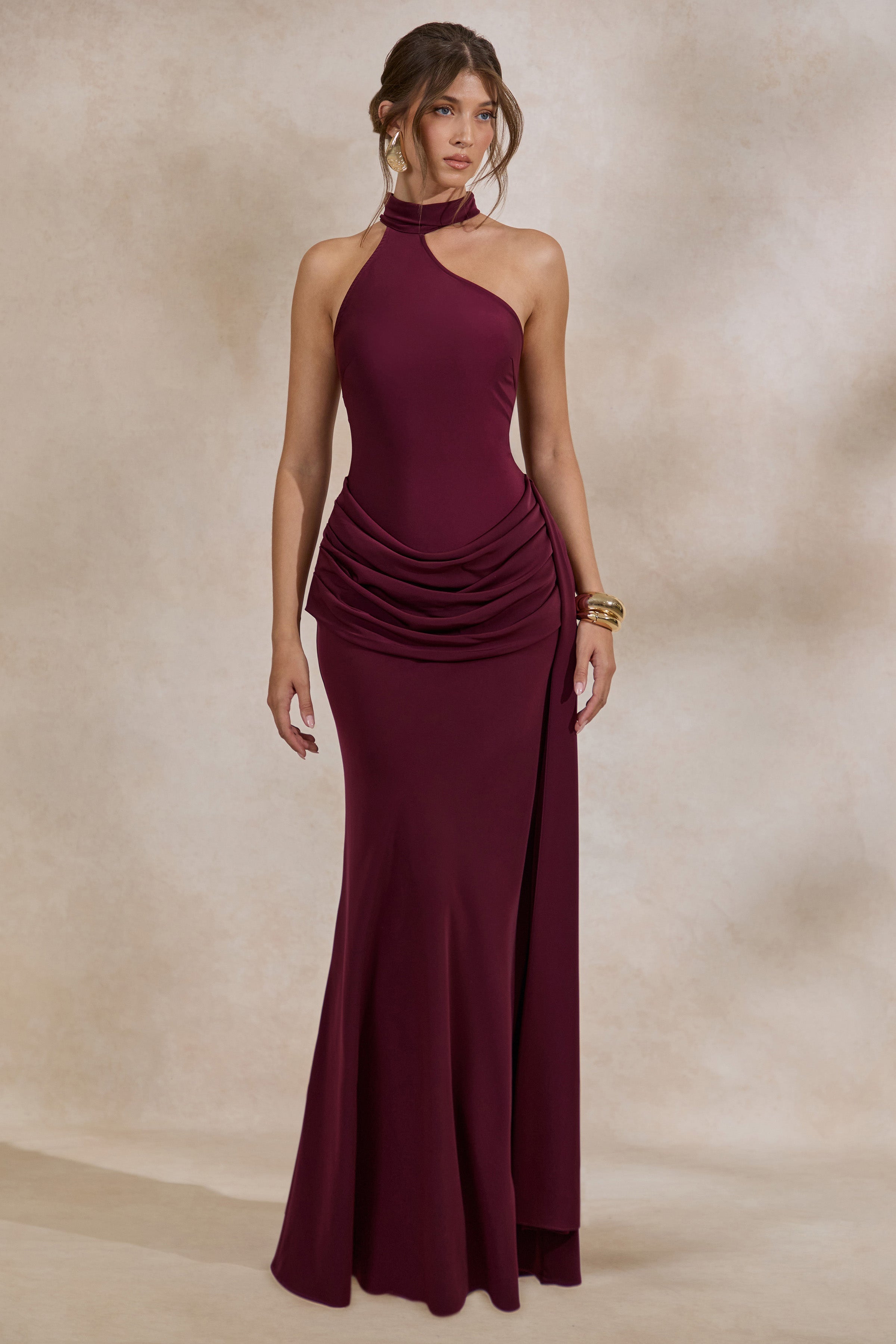 Aevina | Burgundy Satin Asymmetric-Neck Maxi Dress With Scarf-Detail