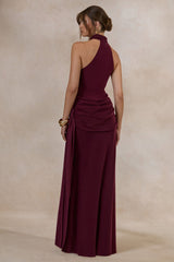 Aevina | Burgundy Satin Asymmetric-Neck Maxi Dress With Scarf-Detail