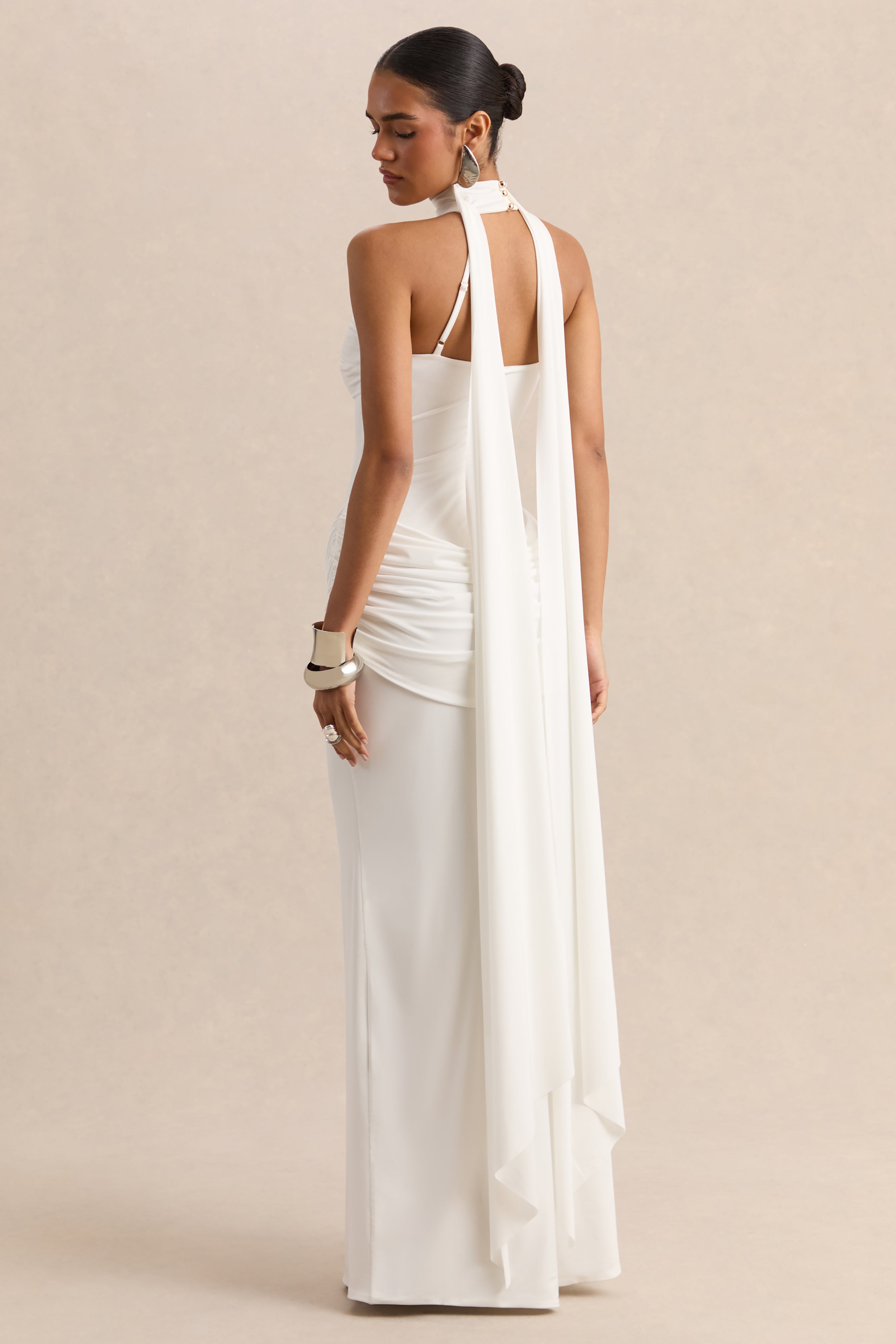 Lorintha | White High-Neck Maxi Dress With Draped-Detailing