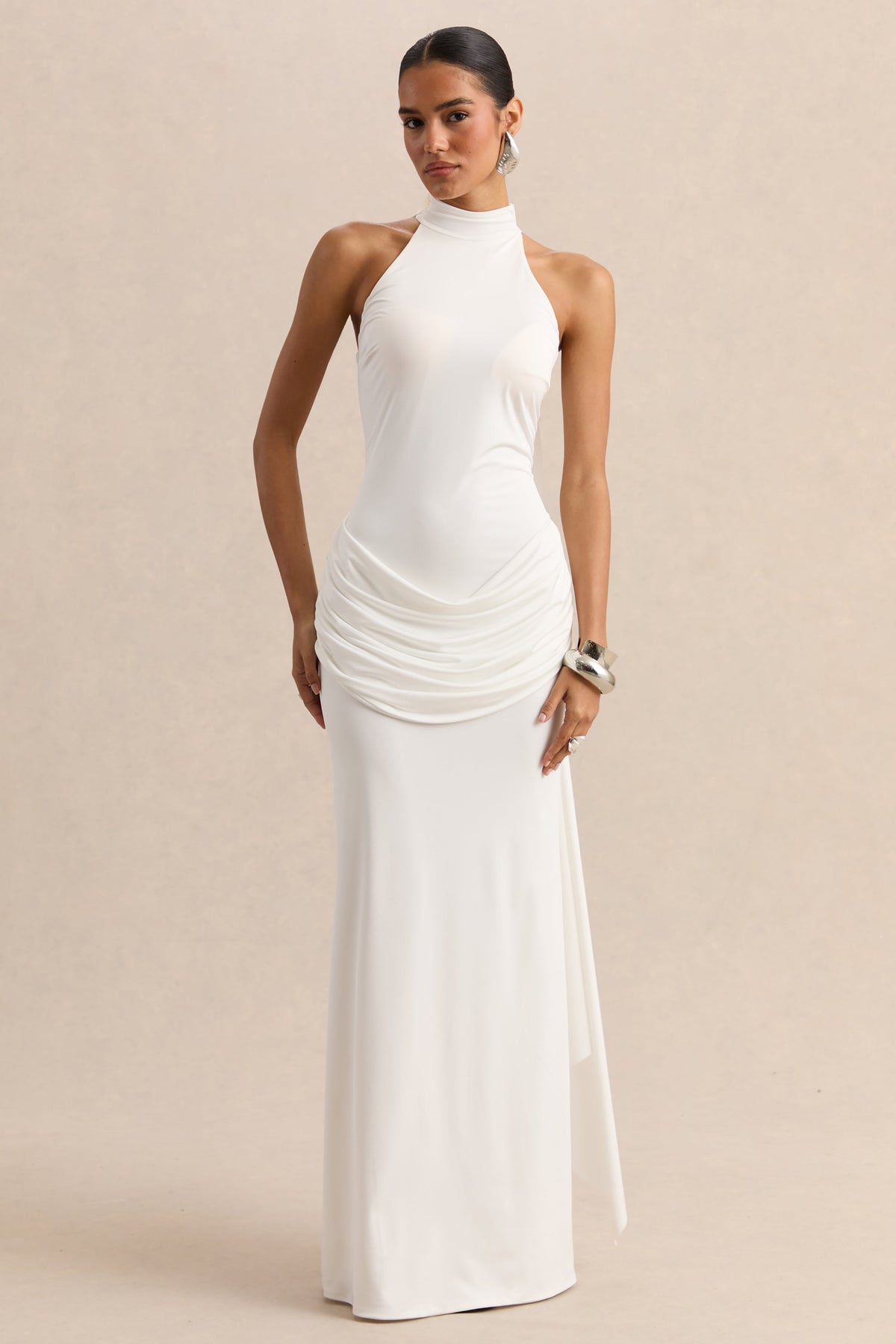 Lorintha | White High-Neck Maxi Dress With Draped-Detailing