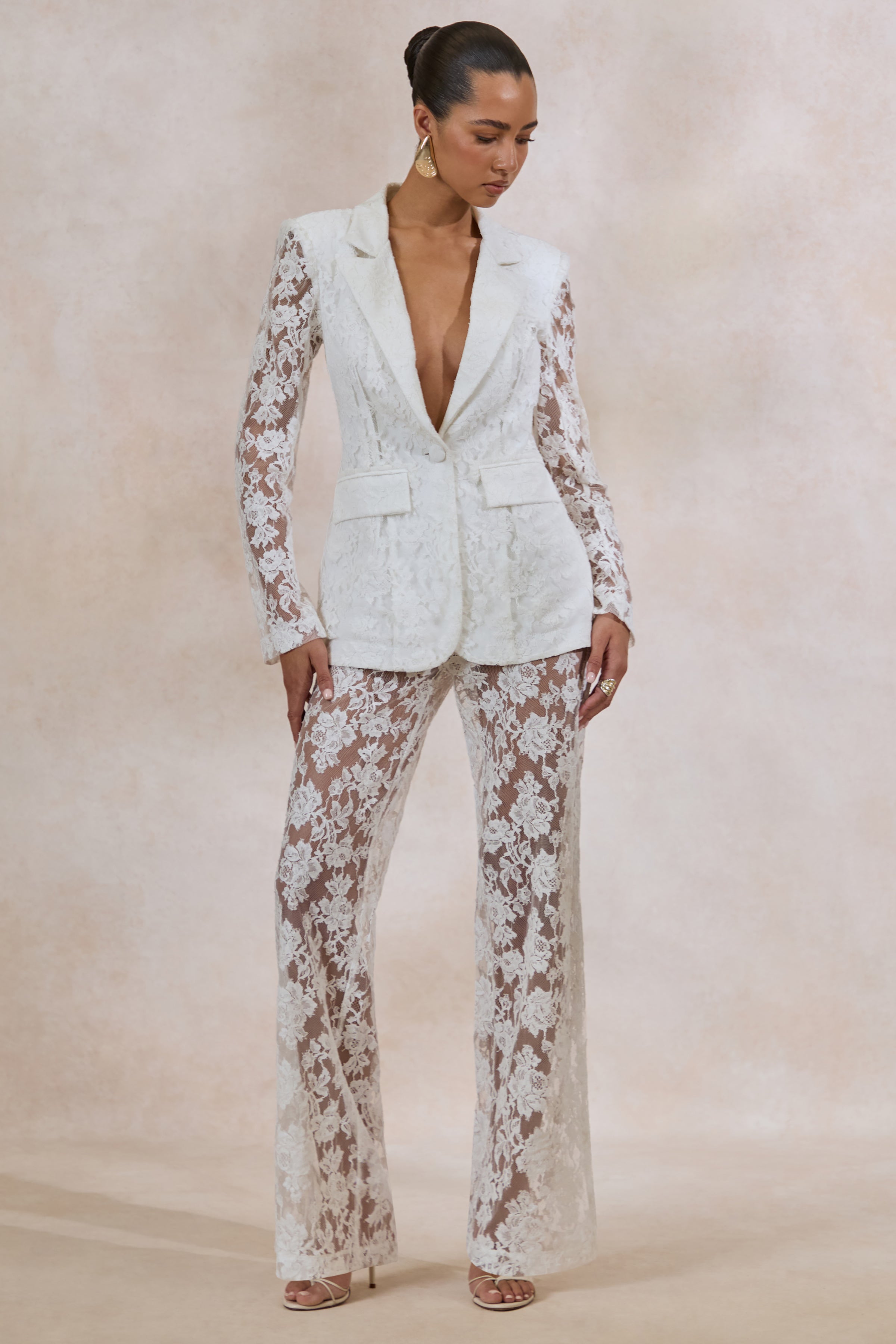 Viloria | White Sheer Lace Wide-Leg Trousers