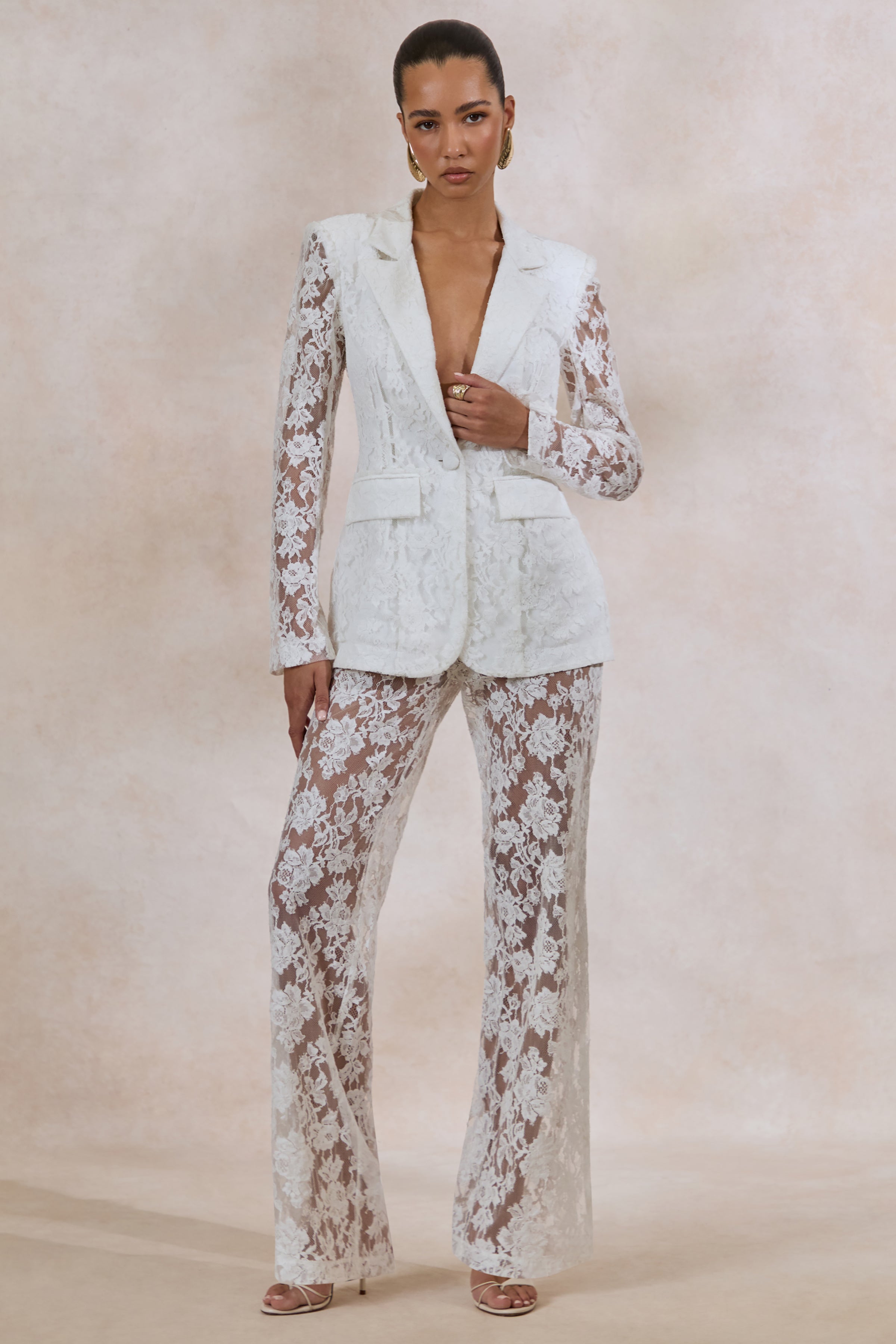 Viloria | White Sheer Lace Wide-Leg Trousers