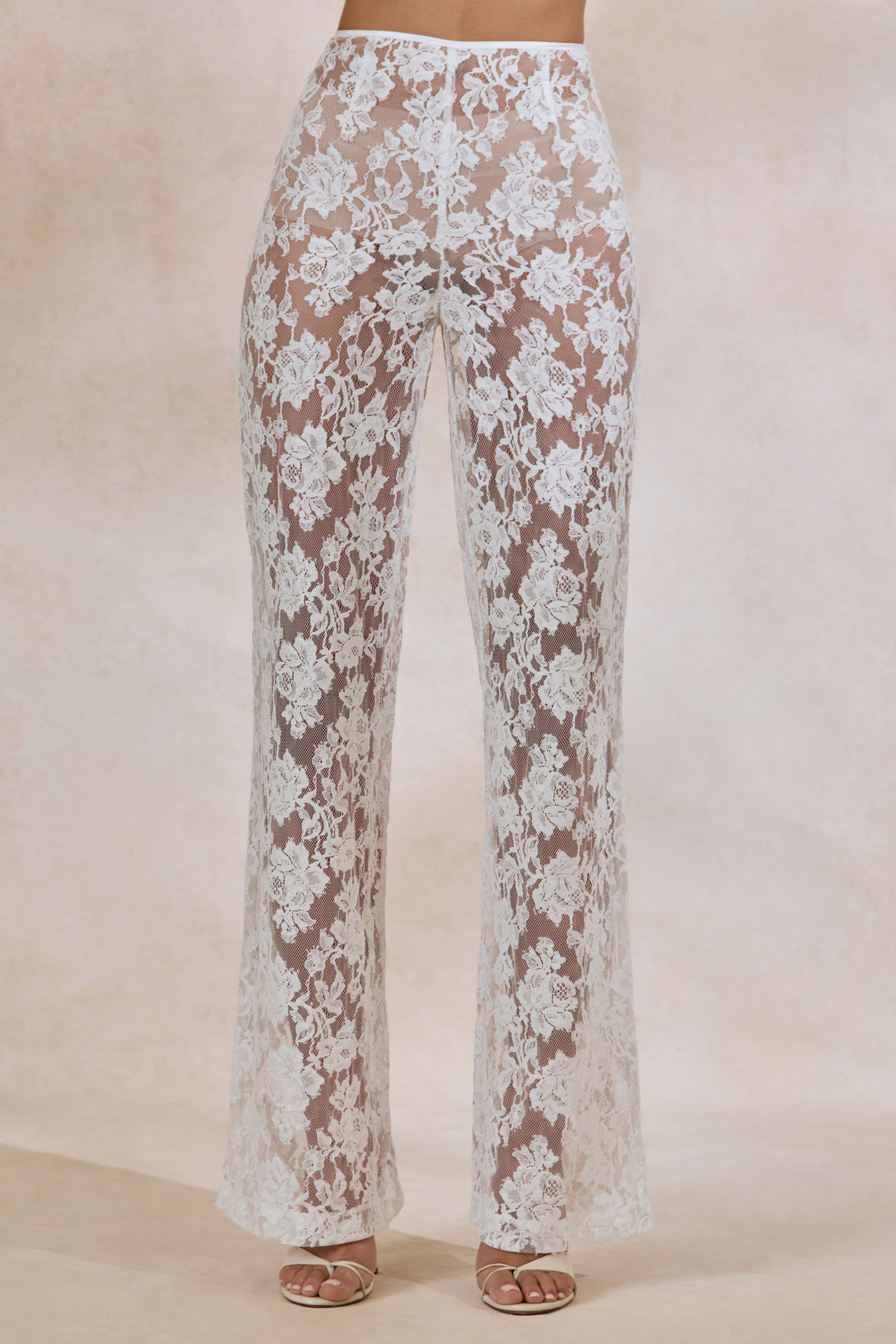 Viloria | White Sheer Lace Wide-Leg Trousers