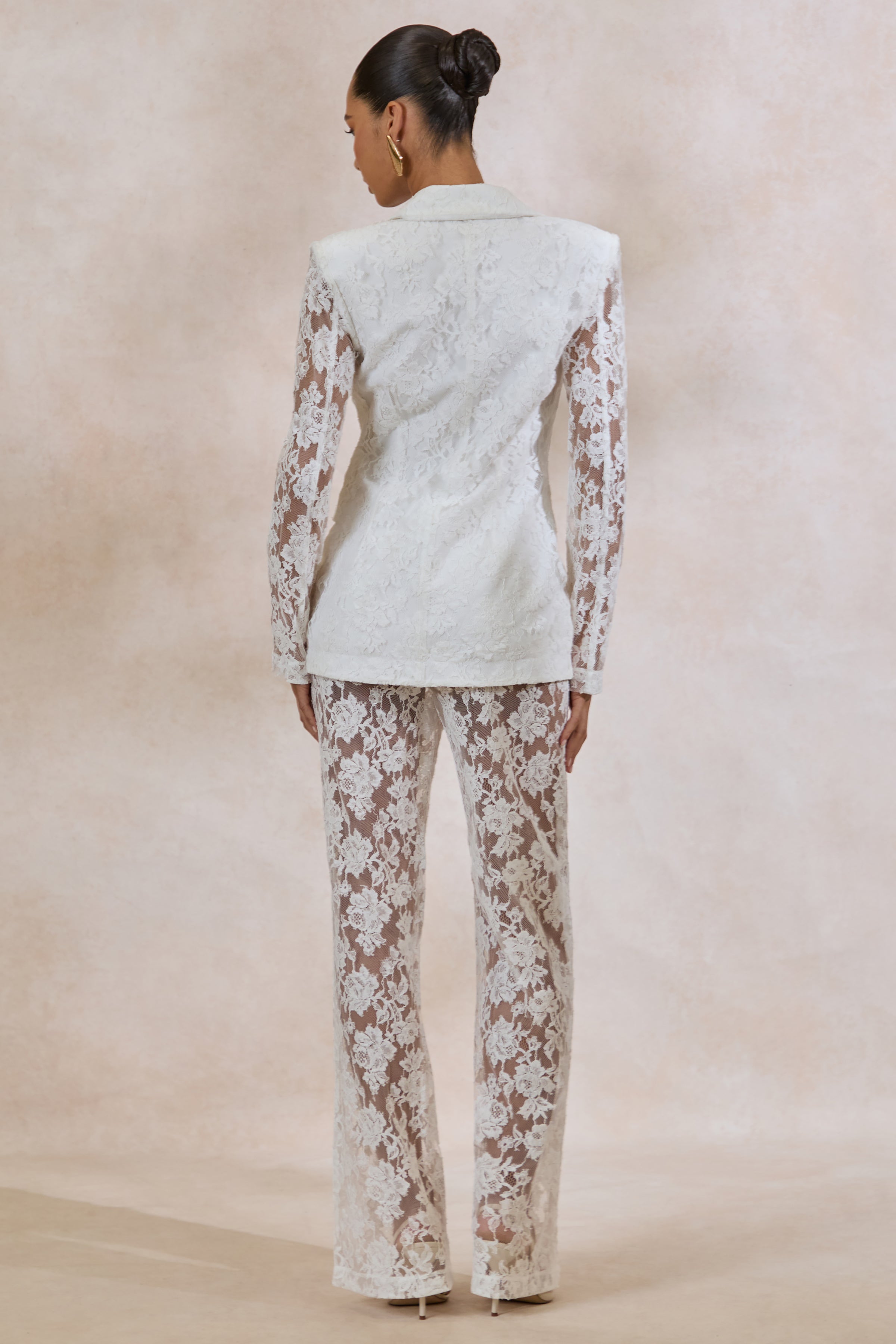 Viloria | White Sheer Lace Wide-Leg Trousers
