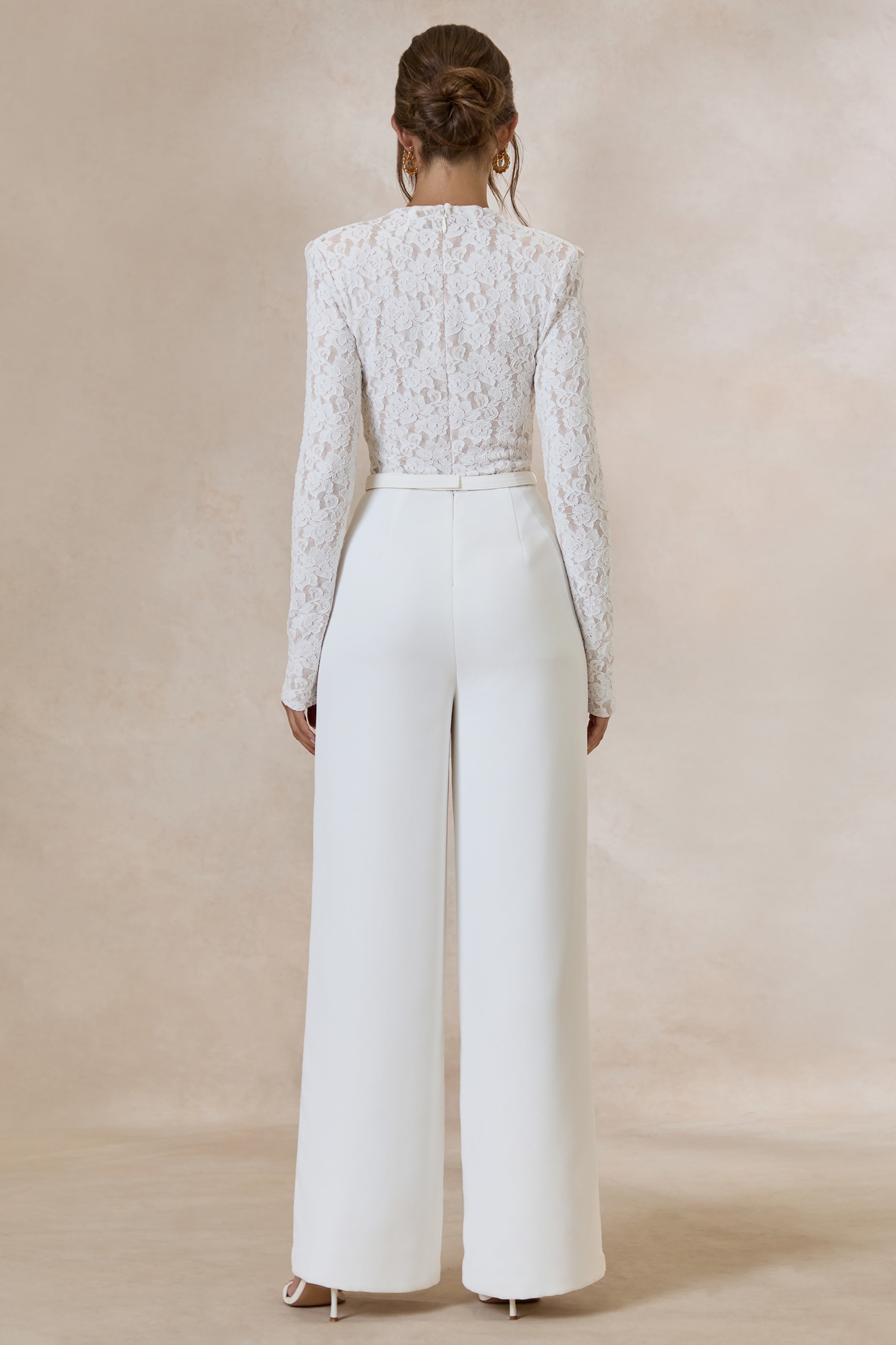 Romancea | White Lace High-Neck Jumpsuit With Belt Detail