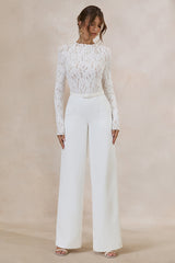 Romancea | White Lace High-Neck Jumpsuit With Belt Detail