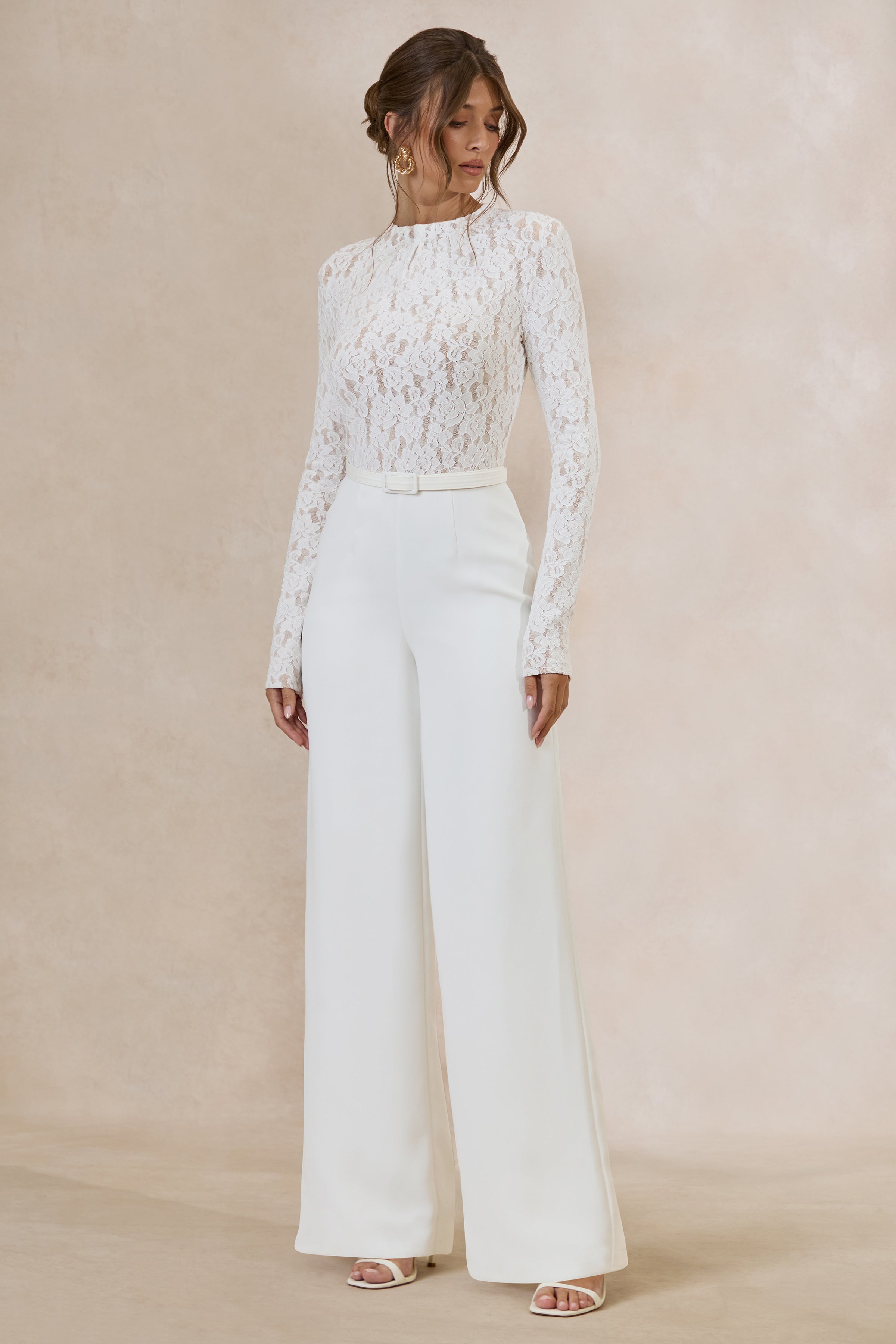 Romancea | White Lace High-Neck Jumpsuit With Belt Detail