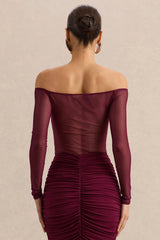 Maira | Burgundy Mesh Bardot-Neck Thong Bodysuit
