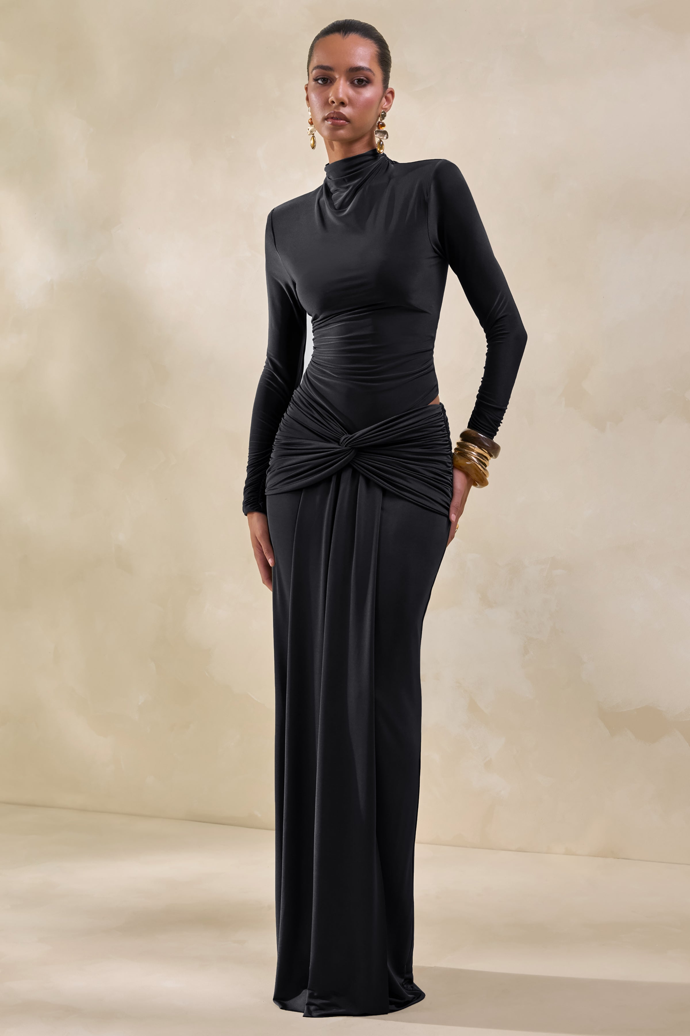 Theria | Black Maxi Skirt With Gathering And Knot Detail