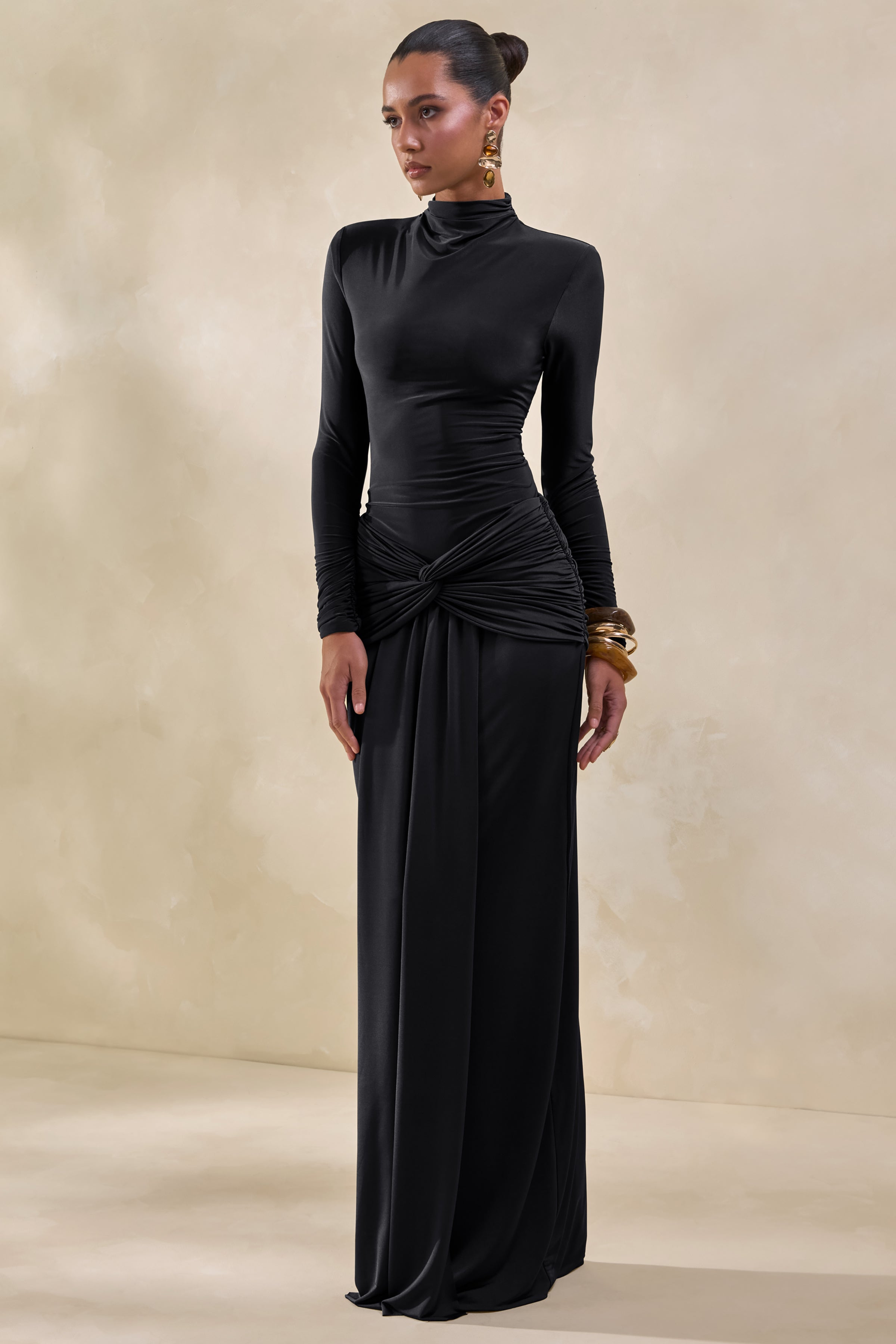 Theria | Black Maxi Skirt With Gathering And Knot Detail