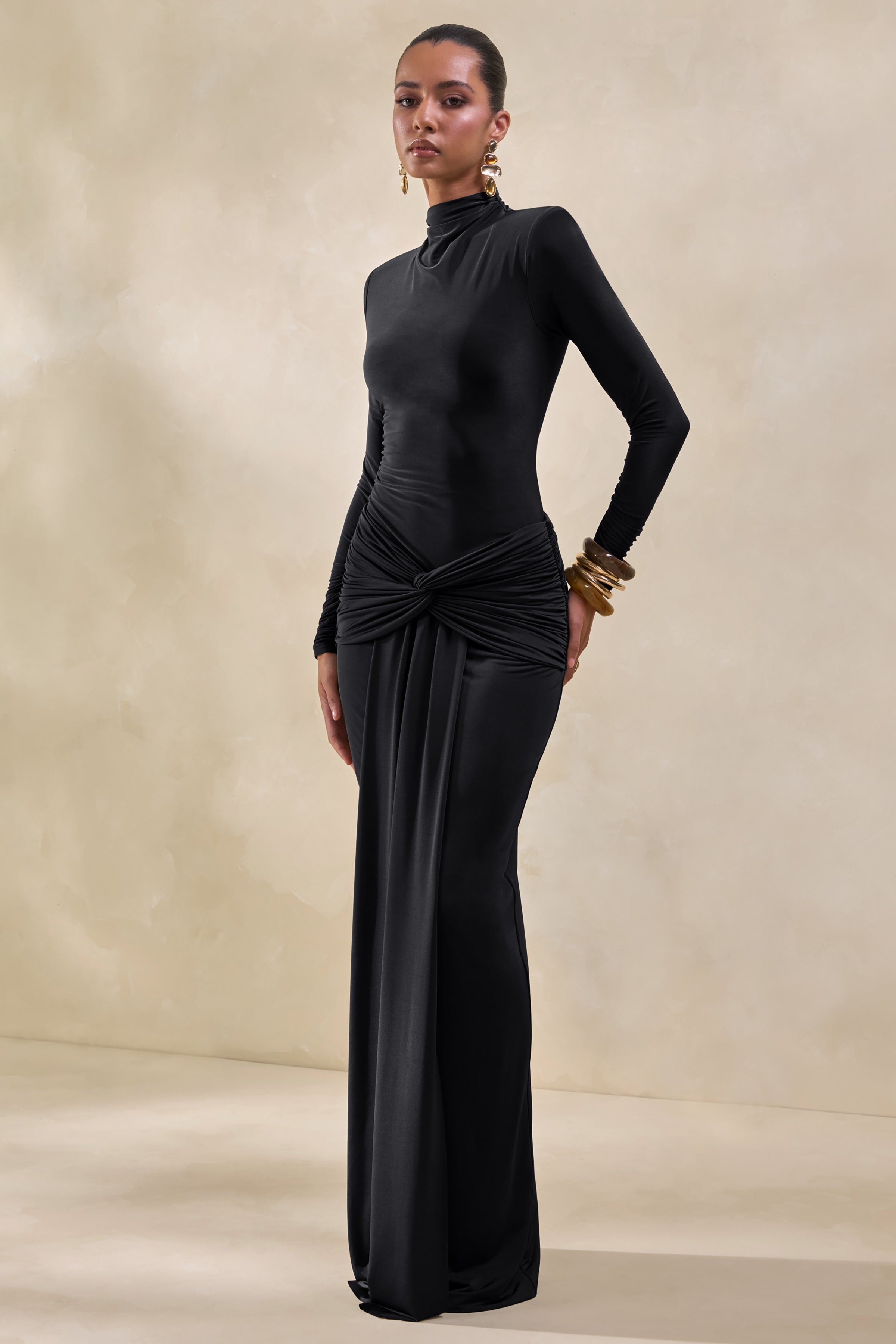 Theria | Black Maxi Skirt With Gathering And Knot Detail