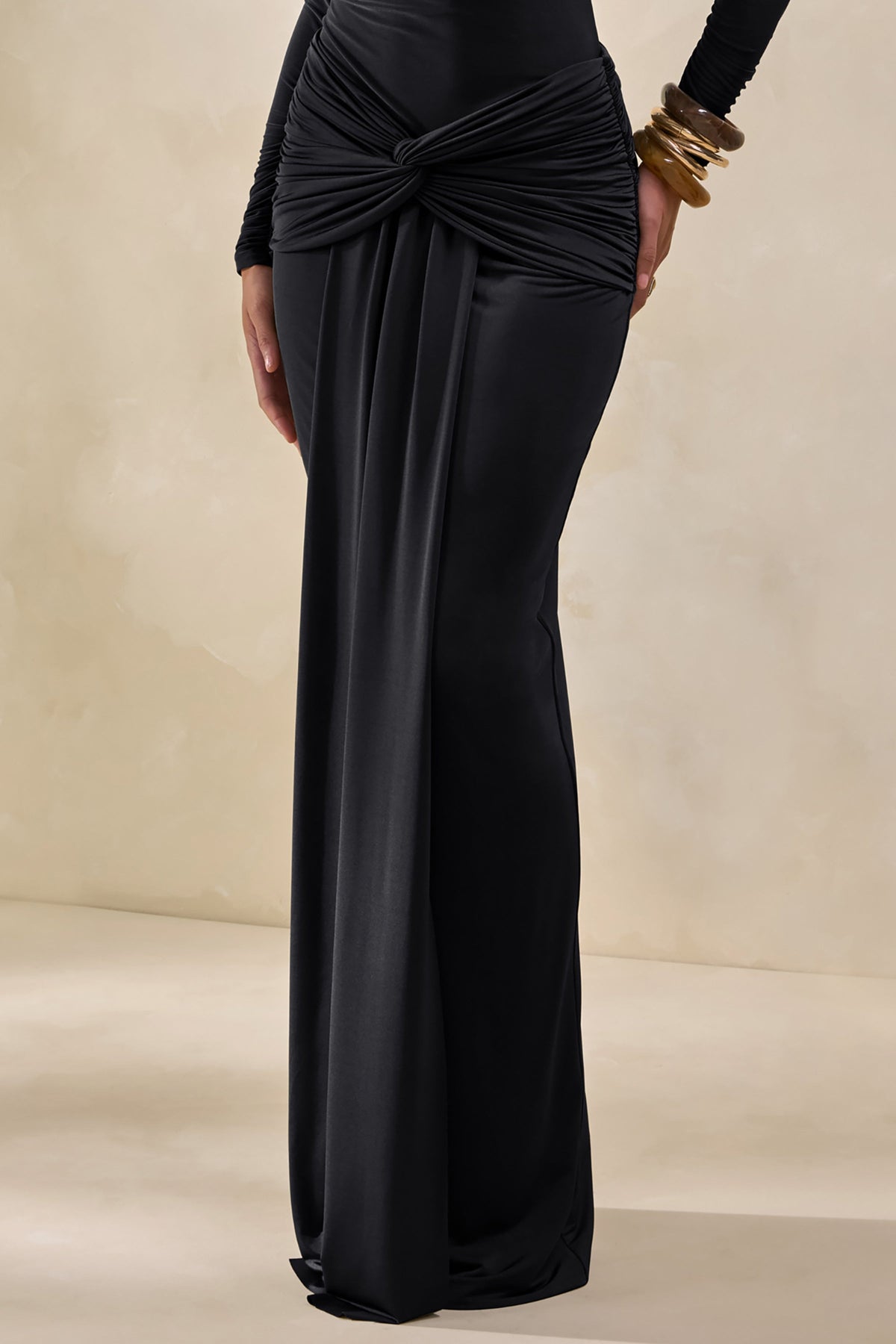 Theria | Black Maxi Skirt With Gathering And Knot Detail