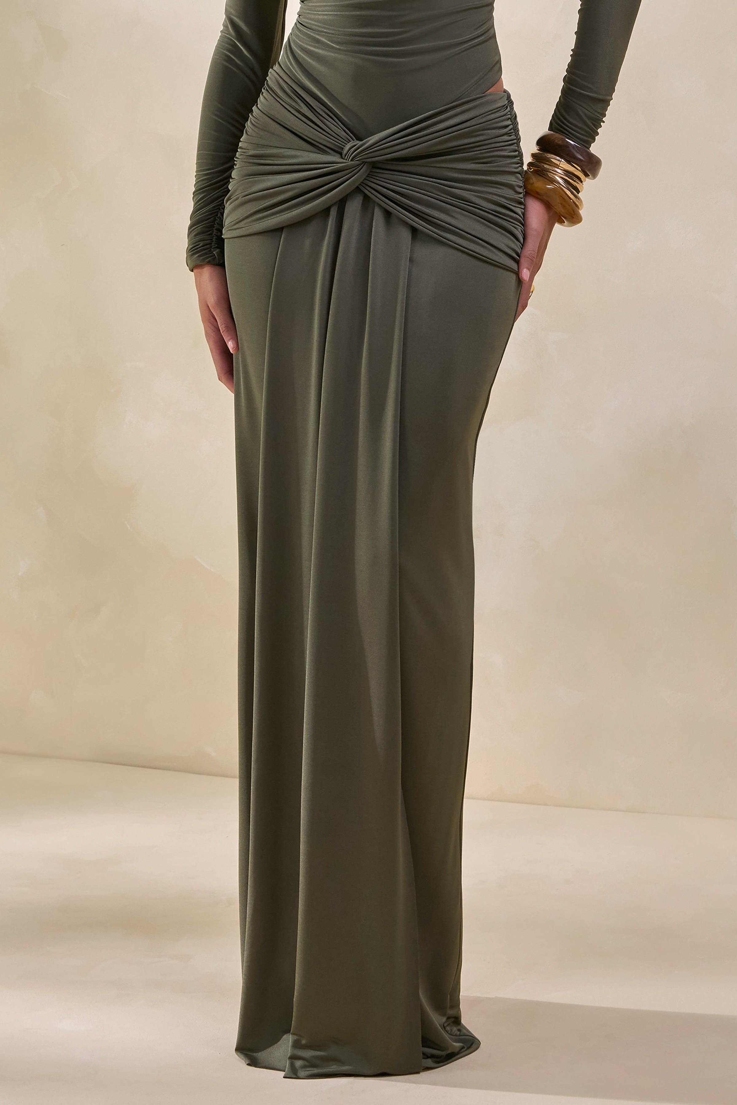Theria | Khaki Maxi Skirt With Gathering And Knot Detail