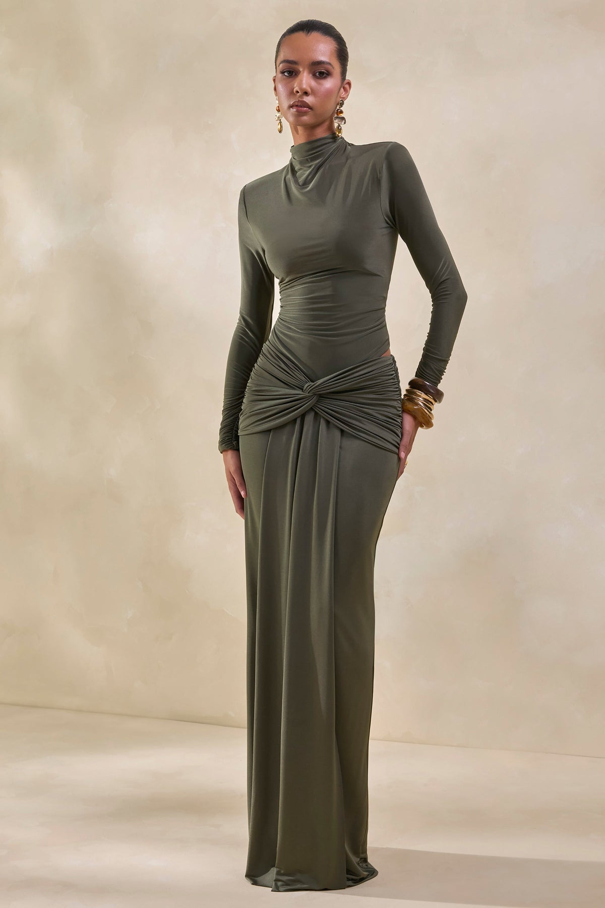 Theria | Khaki Maxi Skirt With Gathering And Knot Detail