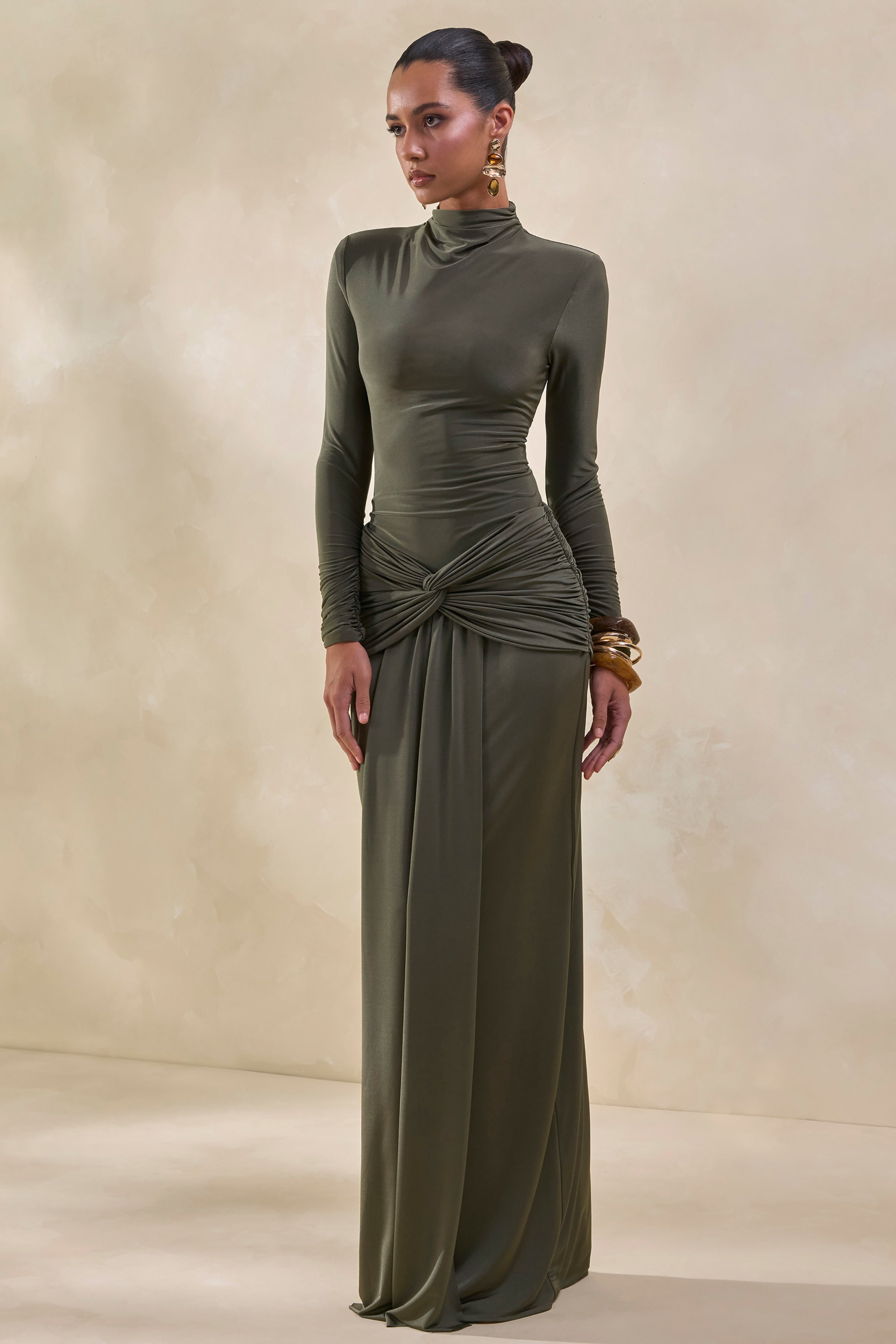 Theria | Khaki Maxi Skirt With Gathering And Knot Detail