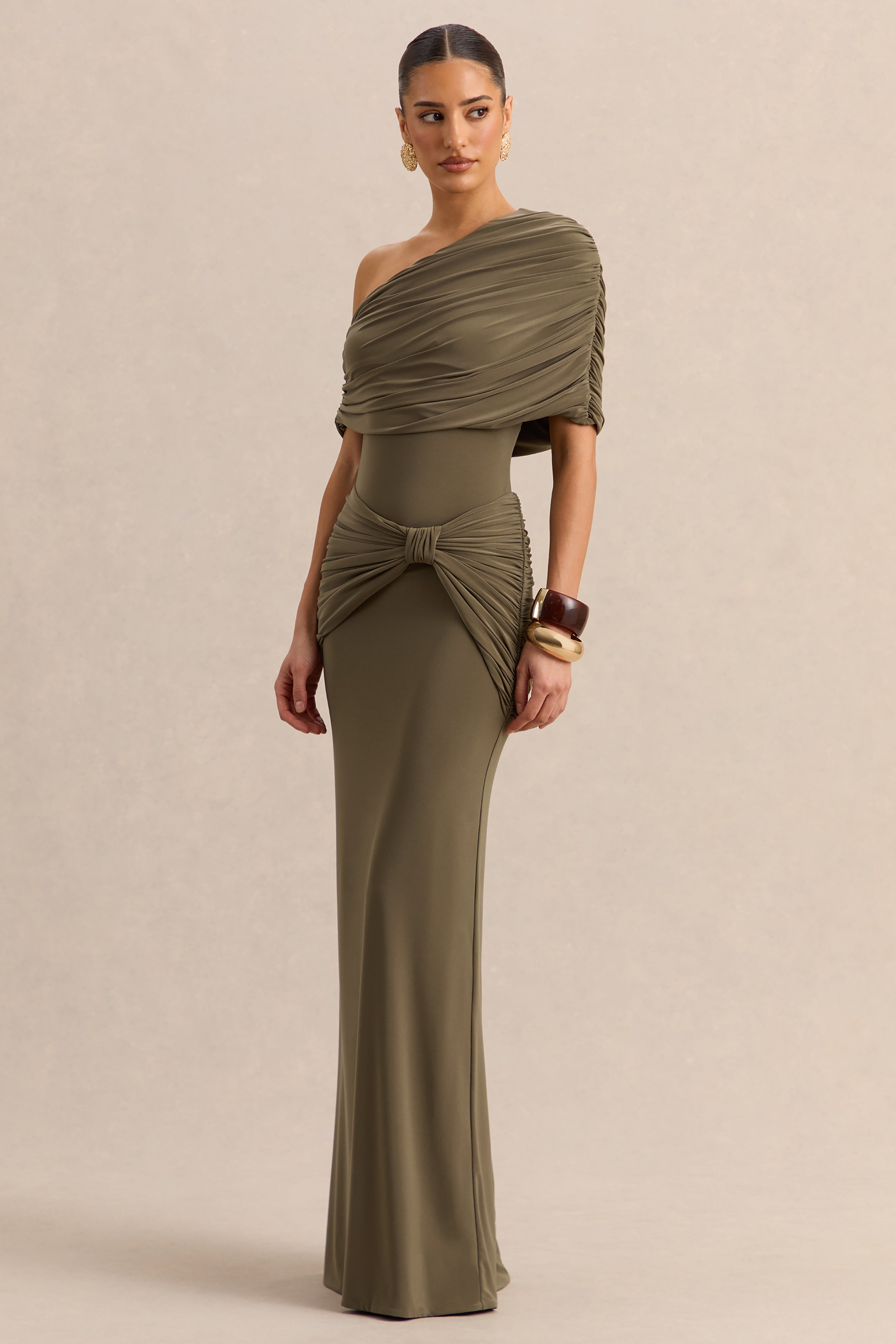 Afiya | Khaki Twisted Waist Maxi Skirt with Knot Detailing