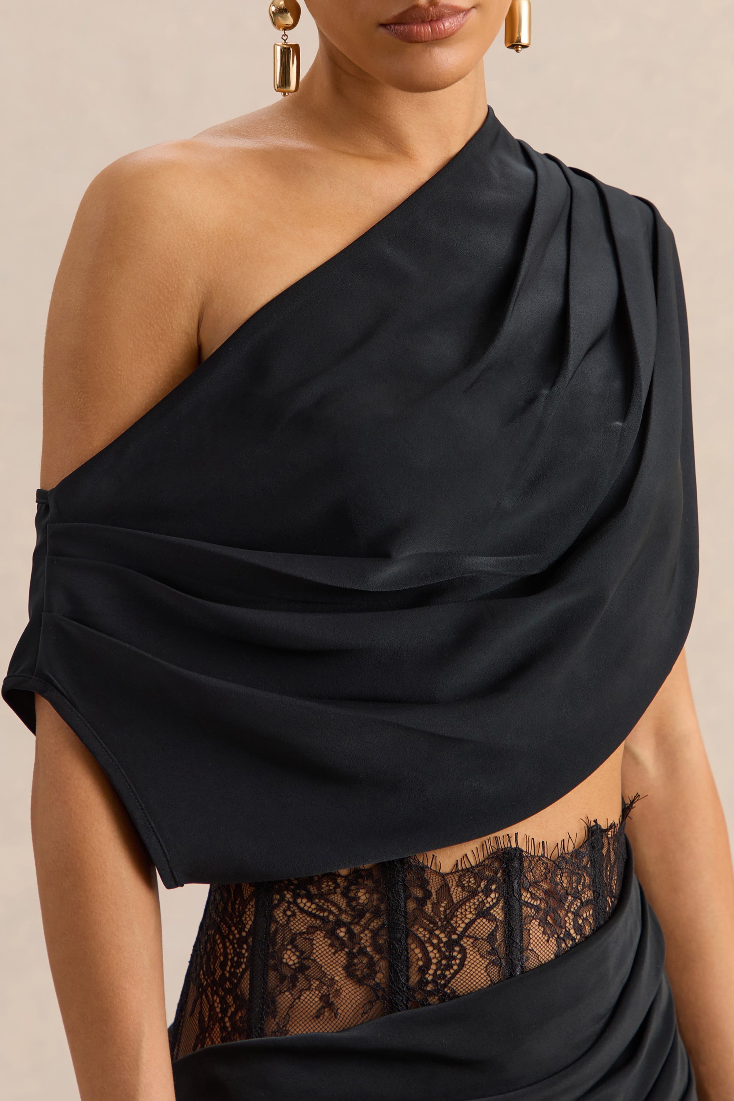 Yaselle | Black Satin Asymmetric-Neck Crop-Top