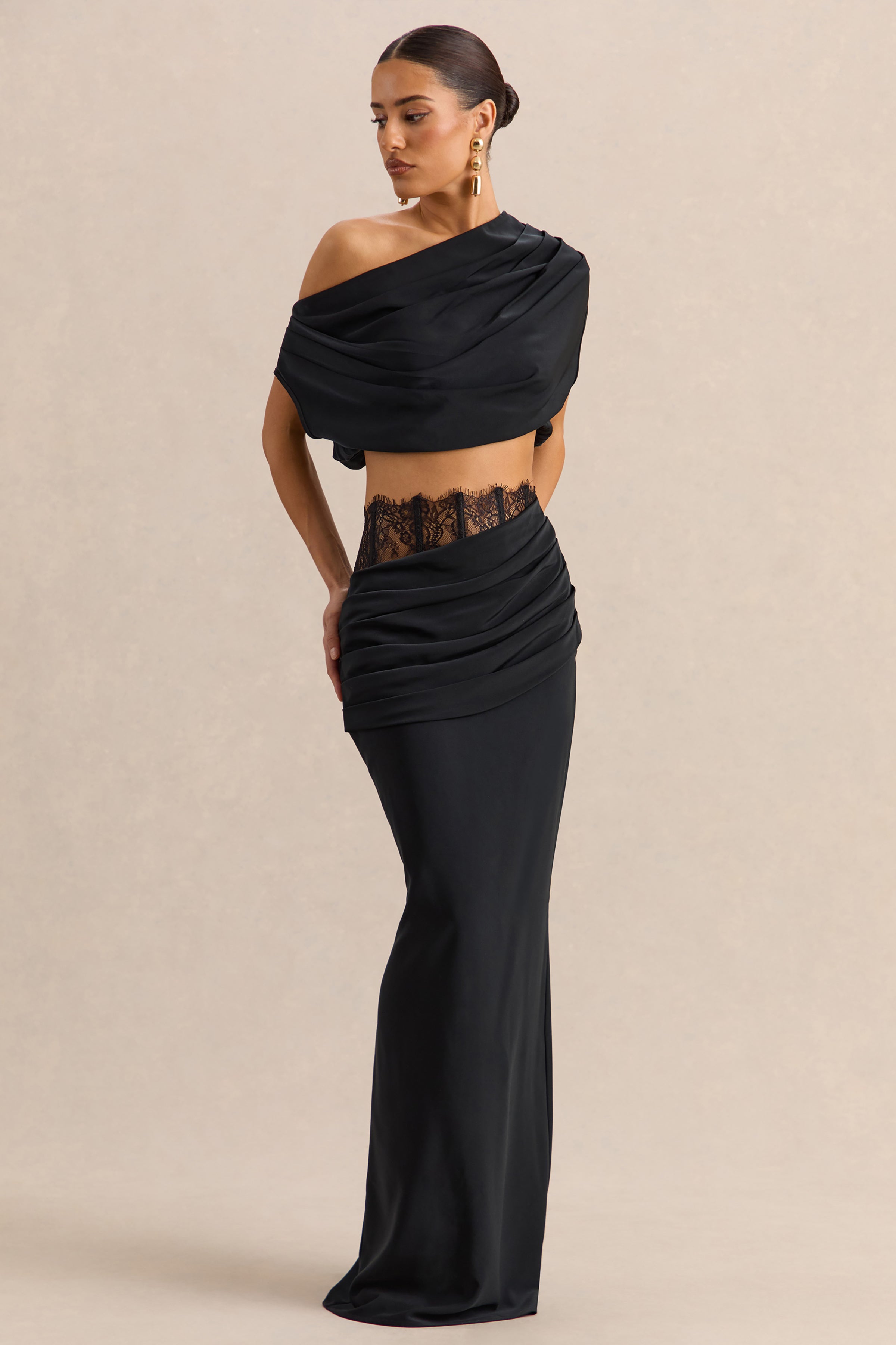 Silora | Black Satin Maxi Skirt With Lace-Detail