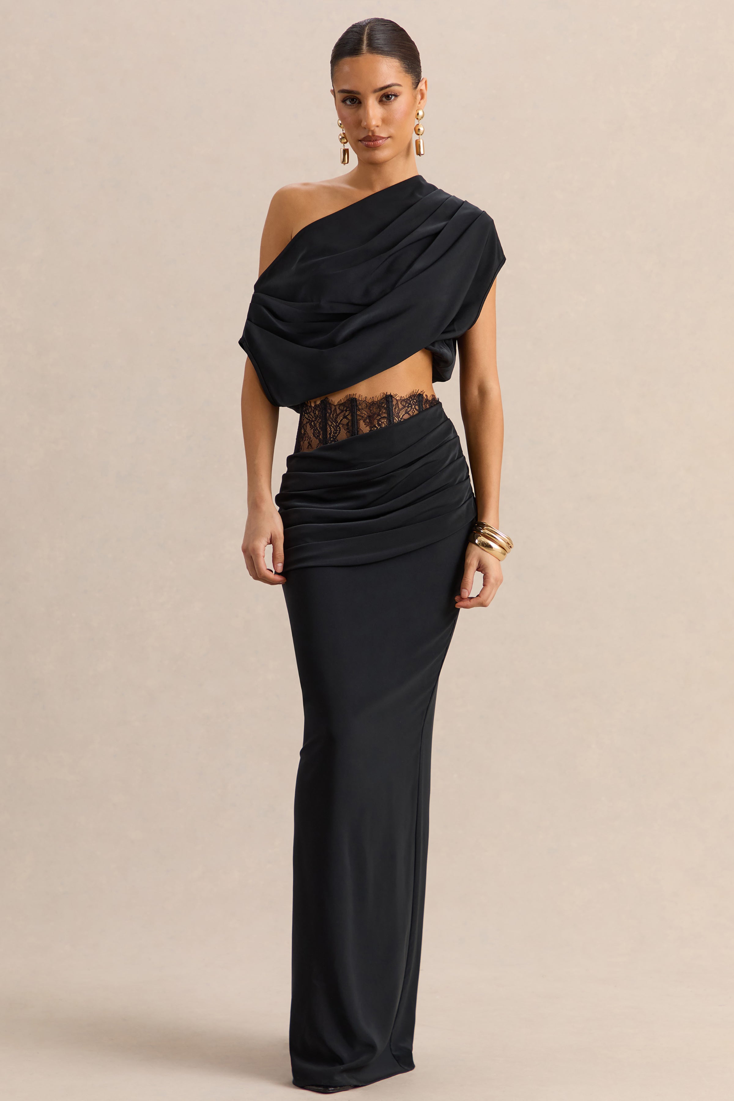 Silora | Black Satin Maxi Skirt With Lace-Detail