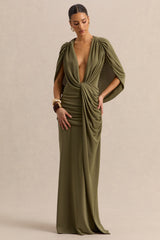 Marisea | Green Plunge-Neck Maxi Dress With Cape-Sleeves