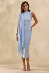 Oleandra | Light Blue High-Neck Midi-Dress With Draped-Detail