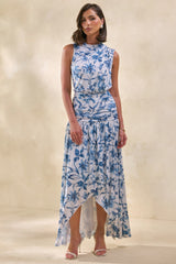 Myssara | Blue Porcelain-Print High-Neck Maxi Dress Gathered-Detailing