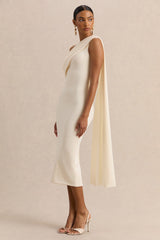 Madelisse | Cream Asymmetric-Neck Midi Dress With Sash