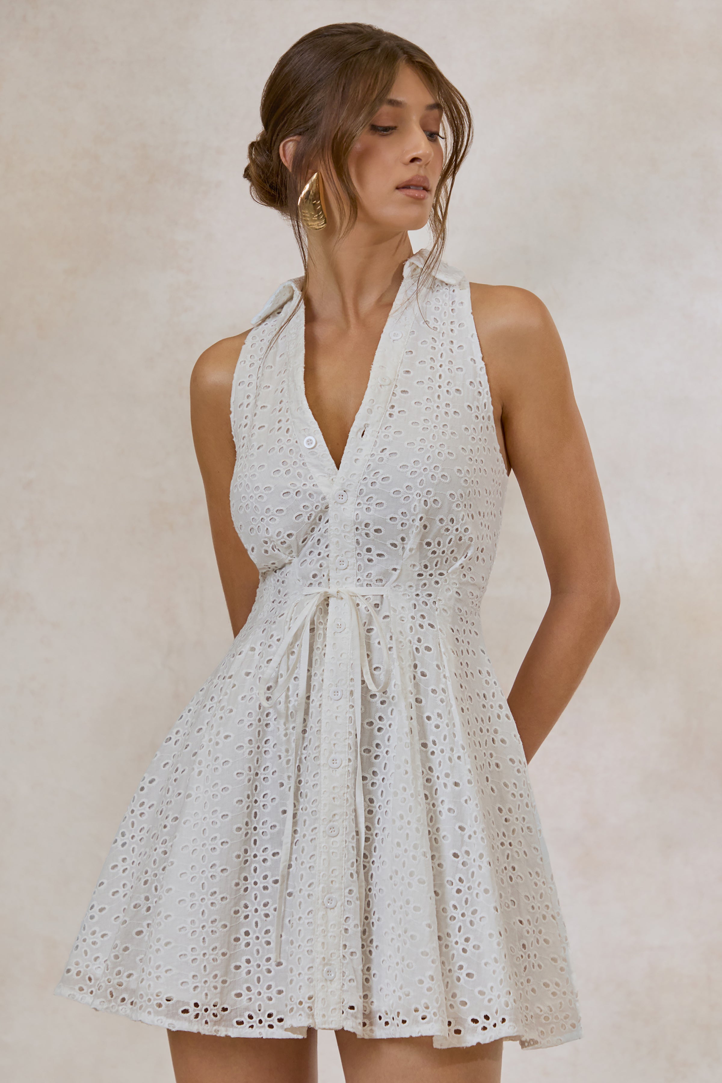 Zyraline | White Broderie Plunge-Neck Mini Dress With Bow-Detail