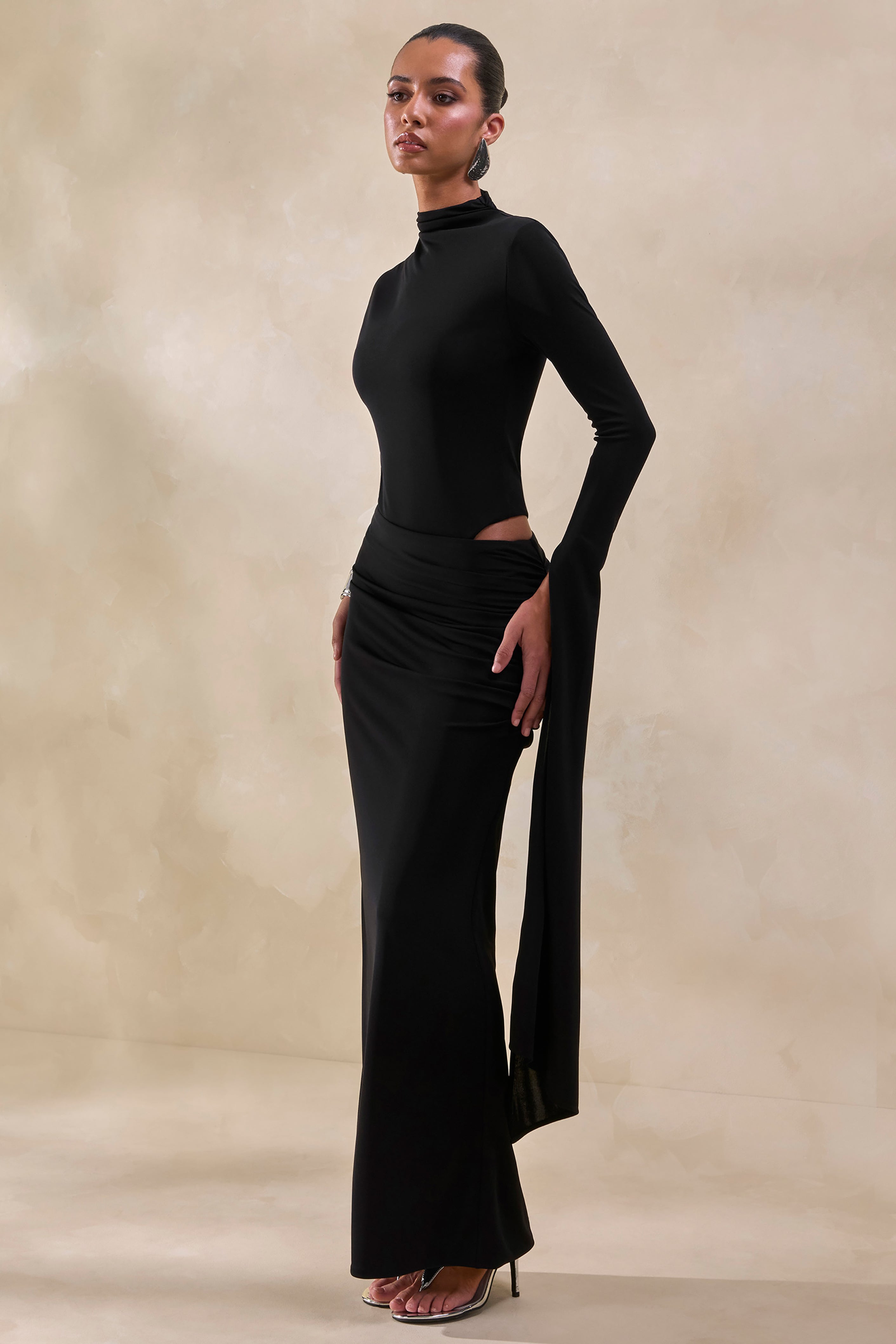 Adessa | Black Asymmetric Waist Ruched Maxi Skirt