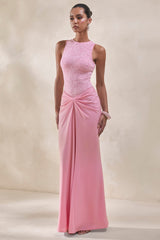Setaria | Pink Satin Maxi-Skirt With Gathered-Detailing And Sash