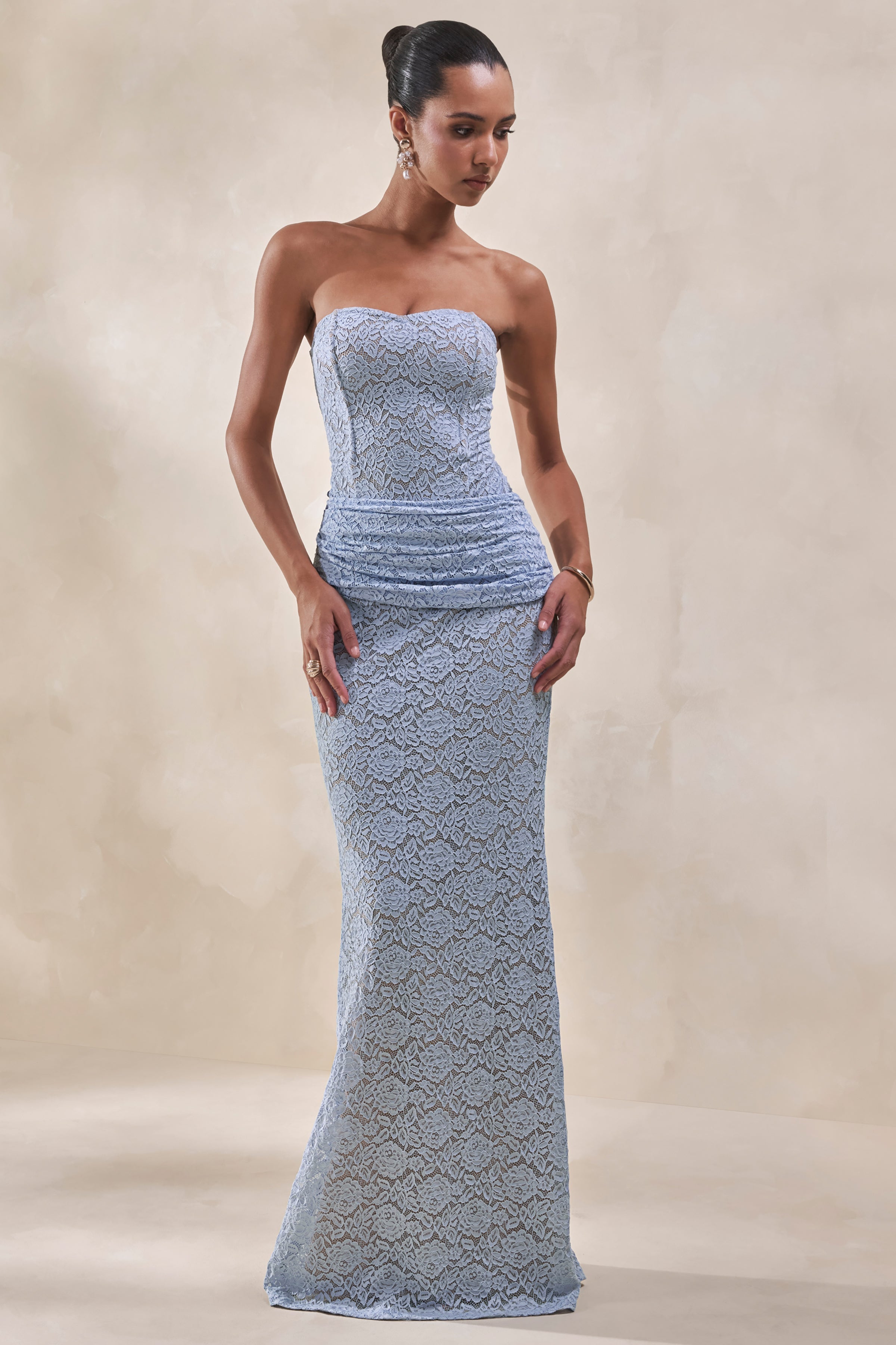 Viara | Powder Blue Lace Maxi Skirt With Draped-Detailing