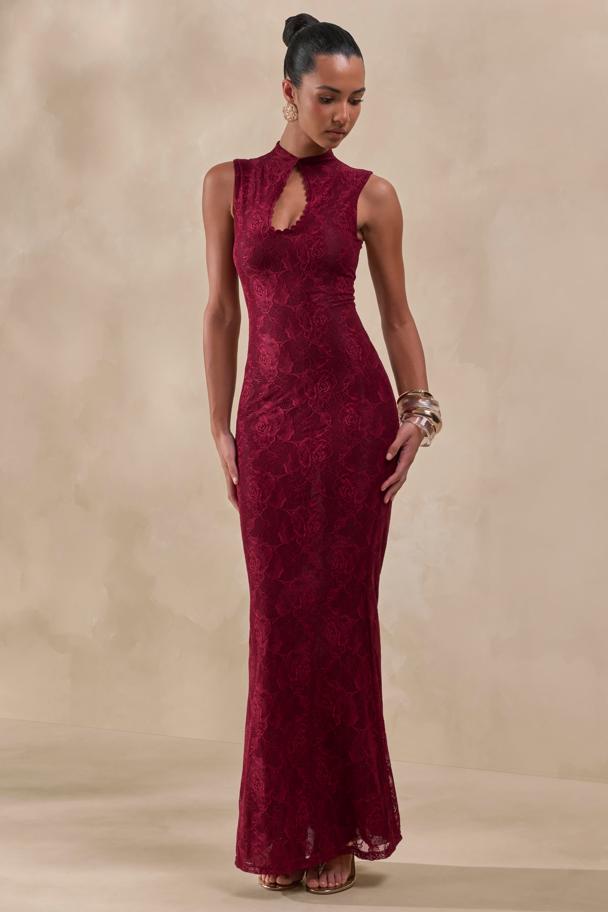 Ravissa | Burgundy Lace High-Neck Maxi Dress