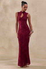 Ravissa | Burgundy Lace High-Neck Maxi Dress