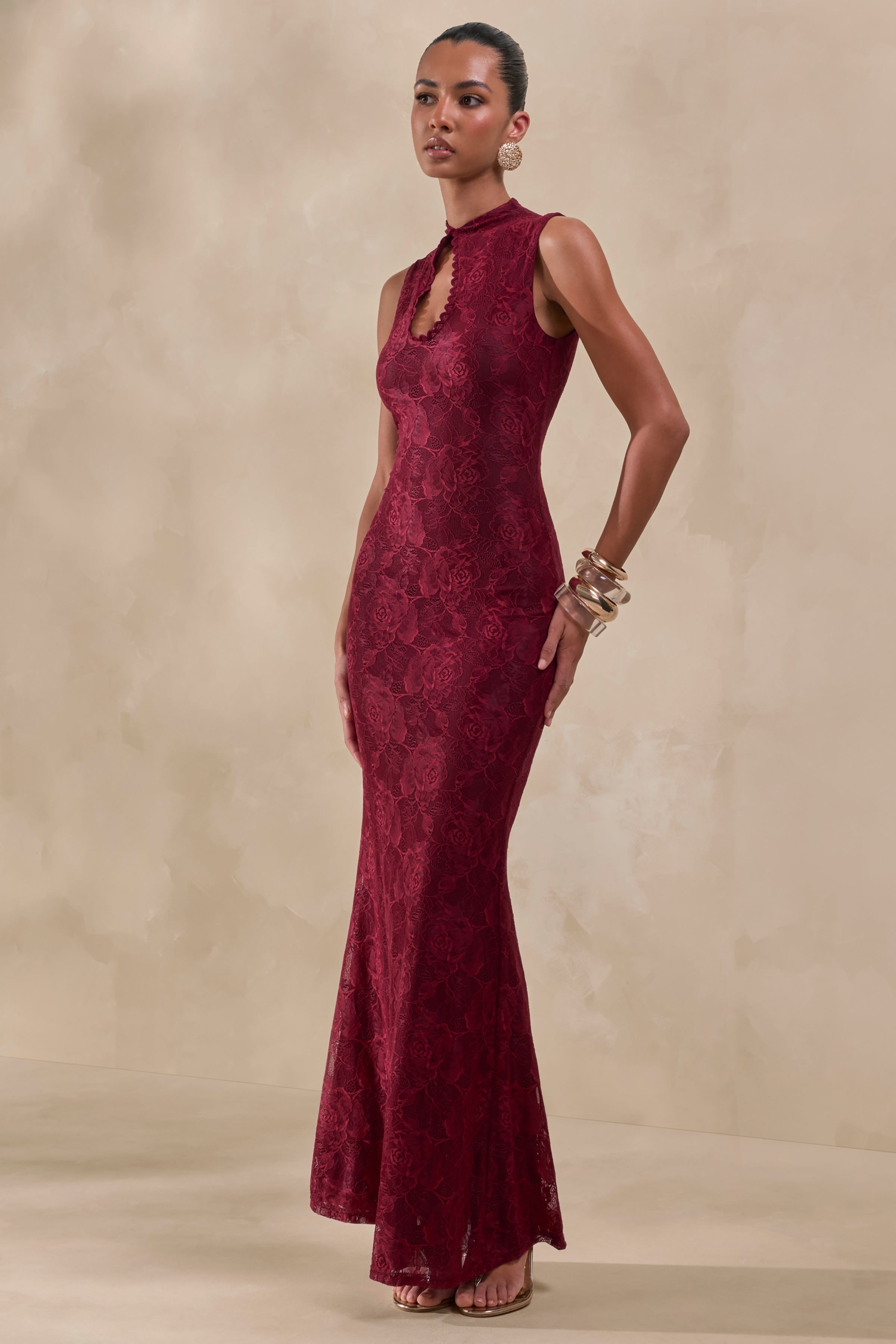 Ravissa | Burgundy Lace High-Neck Maxi Dress