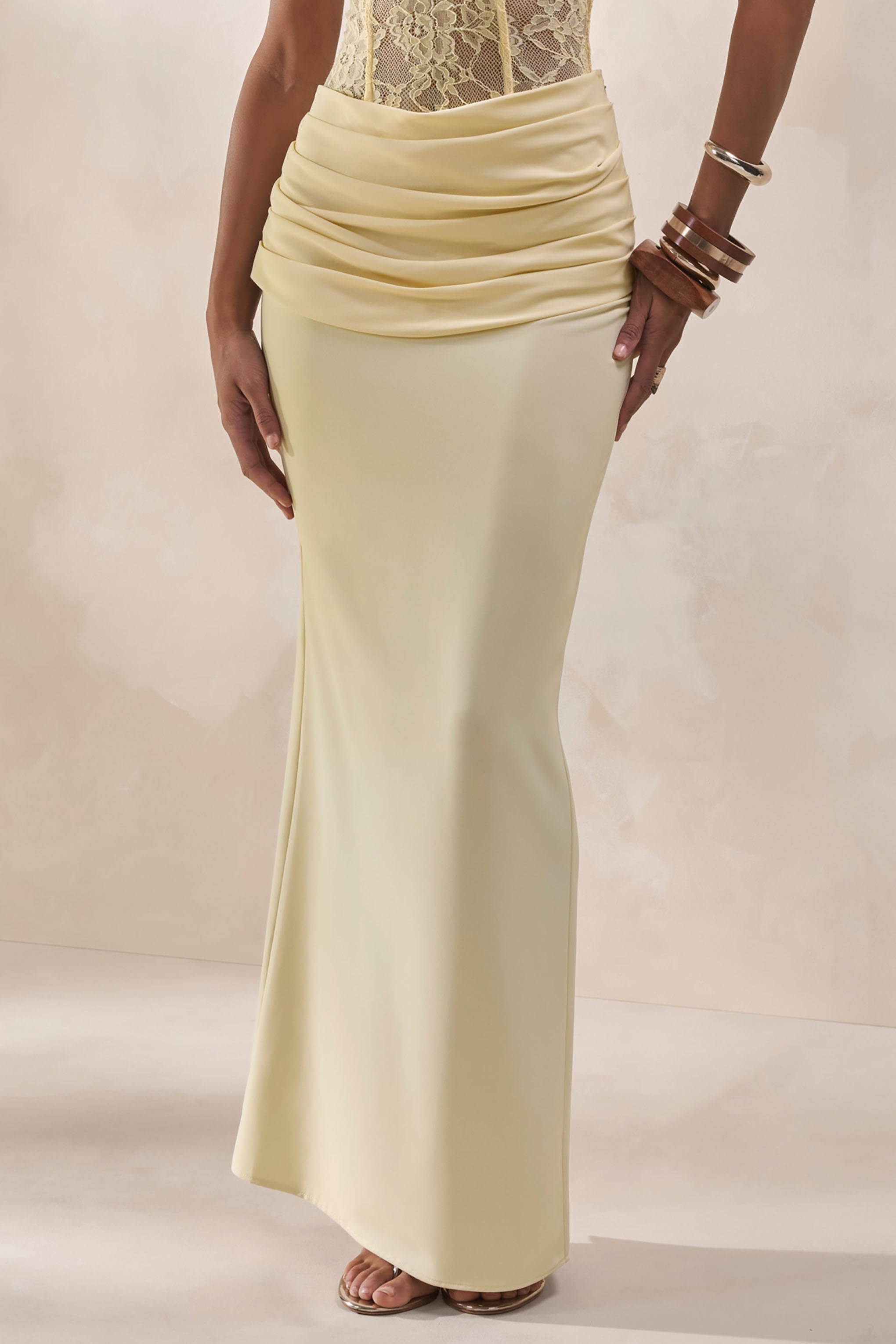 Vionne | Lemon Satin Maxi Skirt With Draped-Detailing