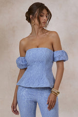 Raelle | Powder Blue Lace Bardot-Neck Top With Puff-Sleeves