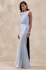 Elladine | Powder Blue Round-Neck Maxi Dress With Lace-Back And Bow-Detail