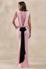 Elladine | Pink Round-Neck Maxi Dress With Lace-Back And Bow-Detail