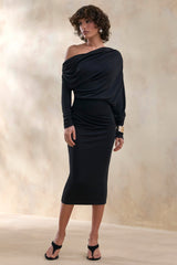 Dalissa | Black Asymmetric-Neck Midi Dress With Draped-Detailing