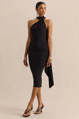 Devinae | Black Asymmetric-Neck Midi-Dress With Open-Back And Scarf-Detail