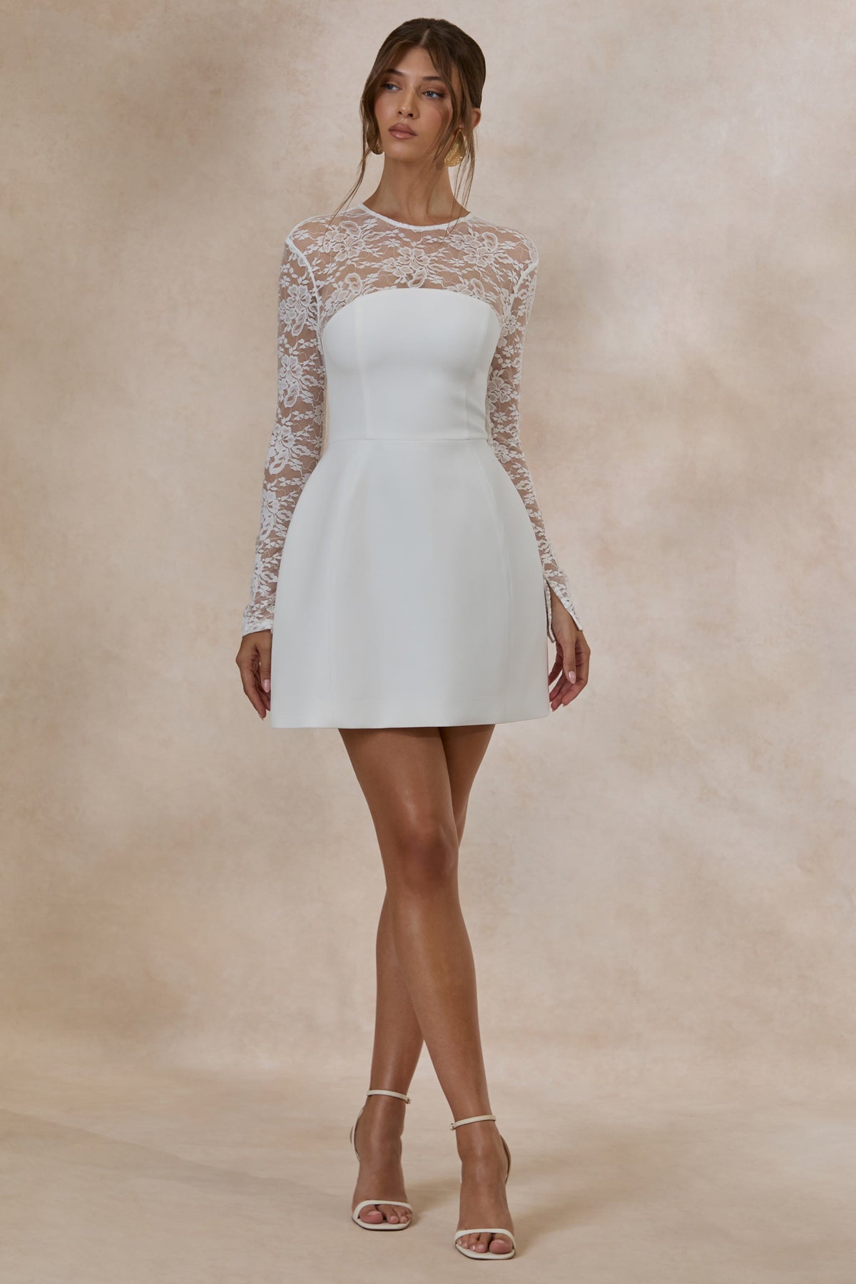 Aerin | White High-Neck Mini Dress With Long-Lace Sleeves