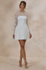 Aerin | White High-Neck Mini Dress With Long-Lace Sleeves
