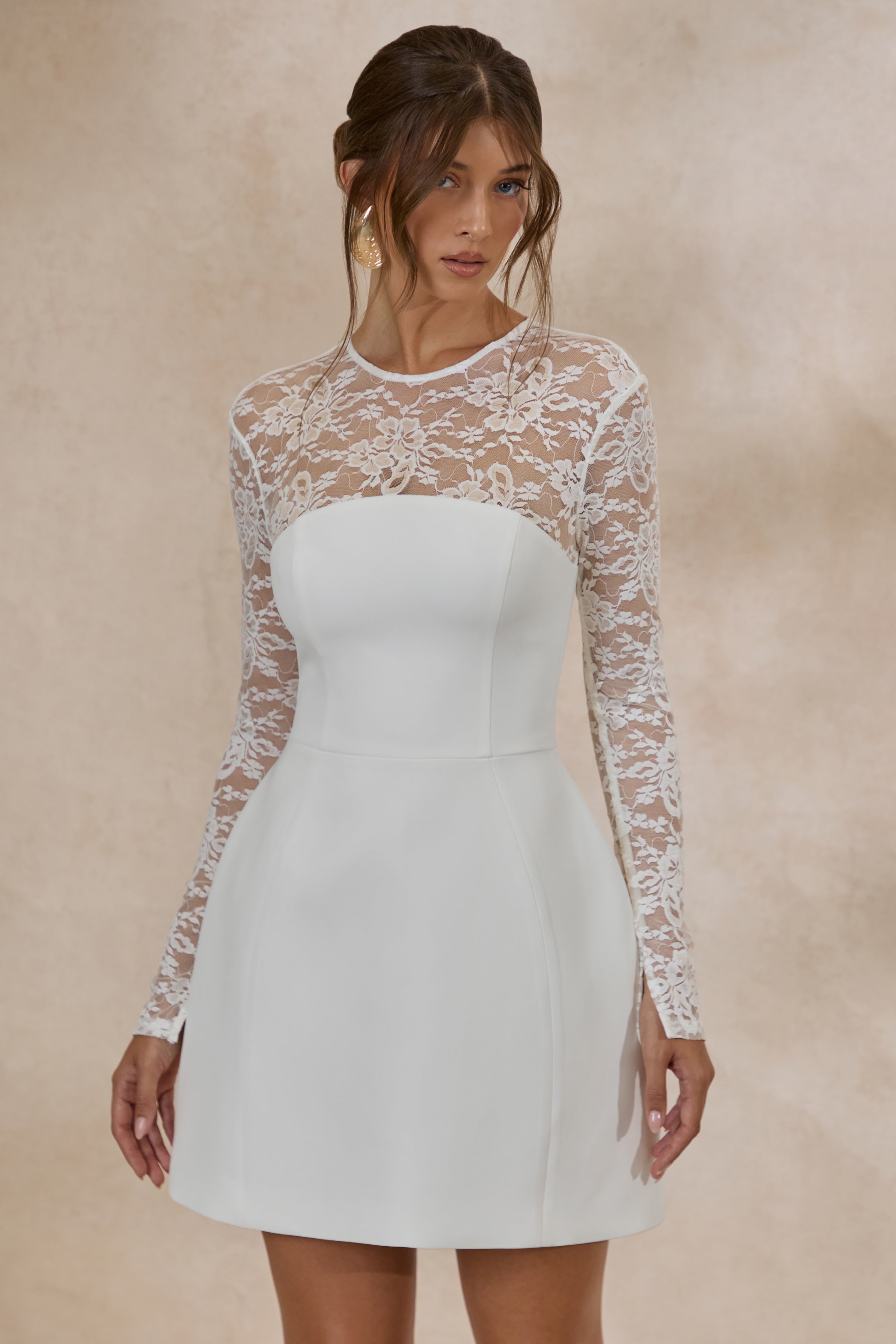 Aerin | White High-Neck Mini Dress With Long-Lace Sleeves